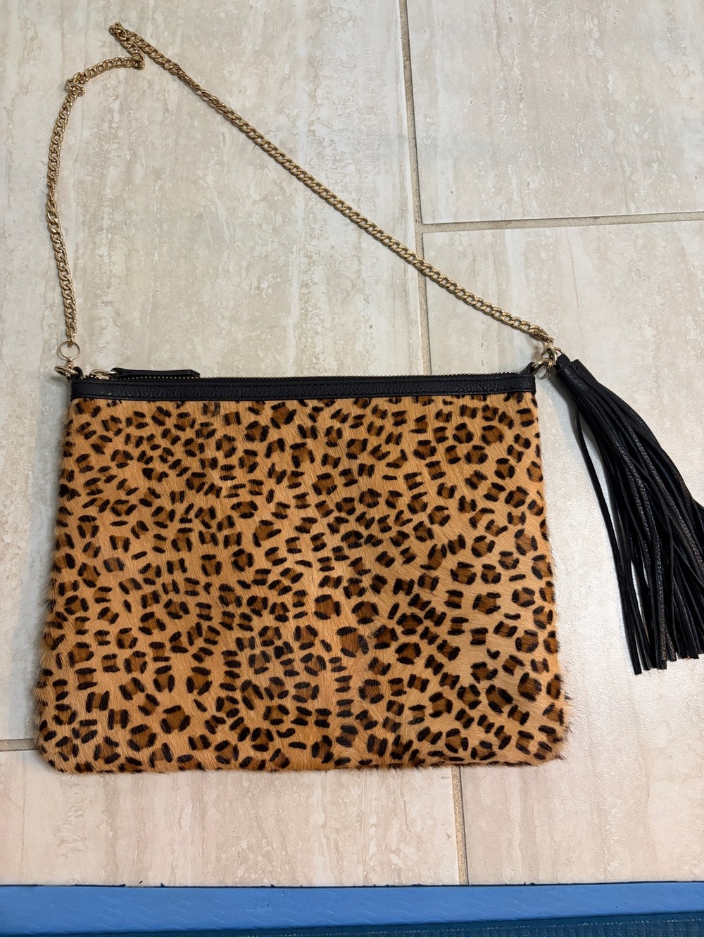 Leopard Print Faux Fur Crossbody Clutch with Tassel - Brown/Black